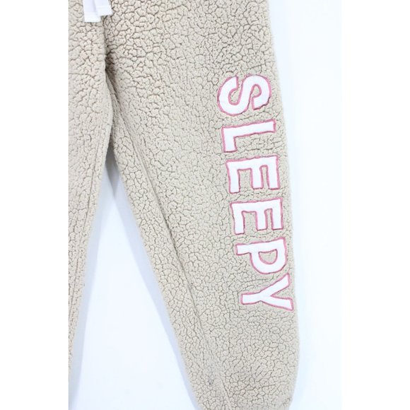 Weekend Edition Sherpa Pants Womens Beige Sleepy Embroidered Drawstring Medium M - Picture 3 of 11